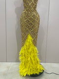 Luxury Sparkly Red Rhinestones Feather Sexy Mesh See Through Long Dress Women Birthday Evening Nightclub DJ Dancer Stage Costume