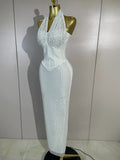 Elegant Evening Party Prom Gown Birthday Dress Women Shining Rhinestones Sexy White/Pink Mesh Halter Bodycon Long Bandage Dress