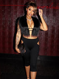 Furry Sexy 2 Piece Set Women Tracksuit Backless Tank Tops+High Waist Hollow Bike Shorts Nightclub Matching Outfits