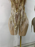 Luxury Sequins Tassel Short Dress For Women Sexy Sleeveless Mesh Transparent Music Festival Clothes Stage Wear