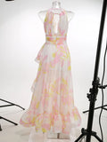 Halter Deep V Maxi Dress for Women Tie back Backless Asymmetrical Ruffle Floral Print Ruched Waist Split for Beach Vacation