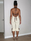 Contrast Color Bandage Playsuits Woman Halter Low-Neck Backless Sleeveless Ruffles High Street Fashion Style Rompers