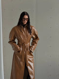 Plain Faux Leather Trench Coat Women V Neck Waist Lace Up Long Full Sleeve Back Split Jacket Winter Street Fashion Outfits 2026