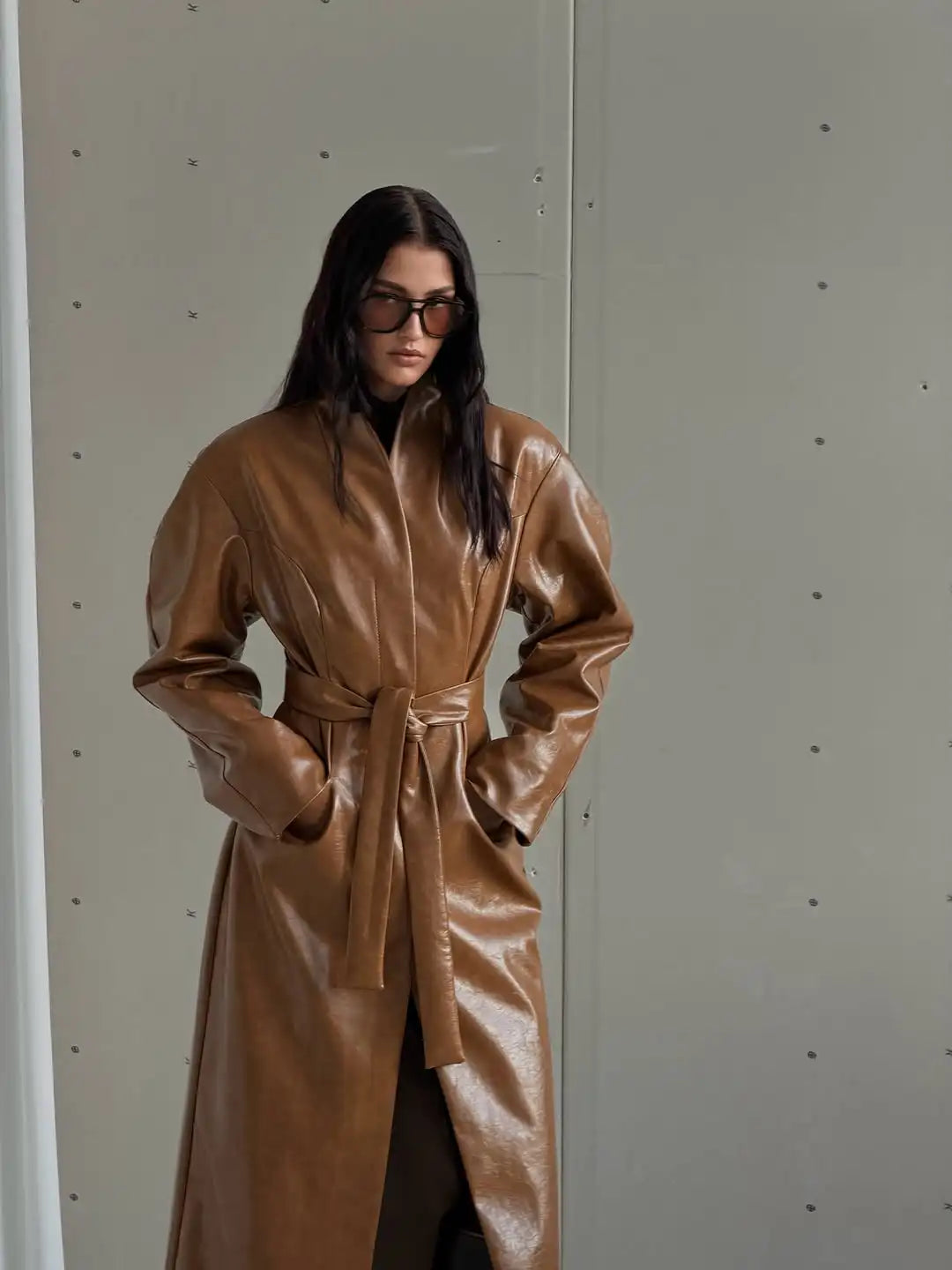 Plain Faux Leather Trench Coat Women V Neck Waist Lace Up Long Full Sleeve Back Split Jacket Winter Street Fashion Outfits 2026