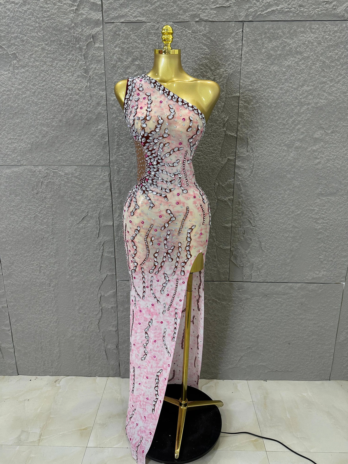 Women Sexy One-Shoulder Crystal Rhinestone Cutout High Slit Sheer Mesh Bodycon Outfit Stage Performance Evening Party Costume