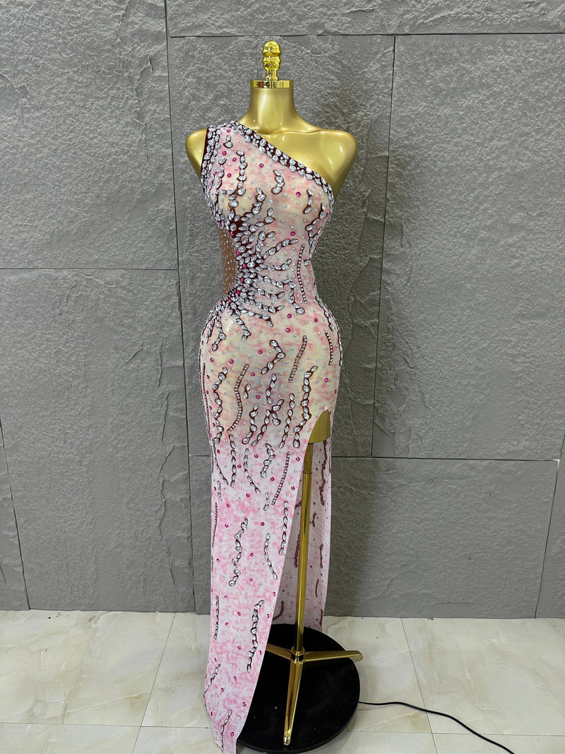 Women Sexy One-Shoulder Crystal Rhinestone Cutout High Slit Sheer Mesh Bodycon Outfit Stage Performance Evening Party Costume