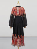 Vintage Loose Two Piece Set for Women V Neck Puff Sleeve Spliced Lace Up Top High Waist Fold Printing Skirt Suit Female New