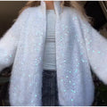 Fuzzy Sequin Zipper Women Cardigan Stand Collar Long Sleeve Loose Knitted Jacket Oversized Sequined Furry Knit Casual Winter Top