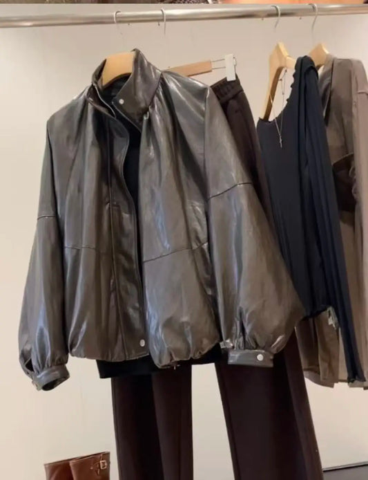 Original High-quality 2026 Women's Leather-effect Pilot High-neck Loose Jacket Coat Series