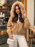 Women Hooded Knit Cardigan Sweater Coat Fluffy Faux Fur Collar Two Way Zip Solid  Loose Casual Jacket 2026 Autumn Winter