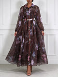 Floral Print Shirt Maxi Dress for Women Point Collar Long Lantern Sleeve Button Front Detachable Buckle Belt Sheer Chiffon