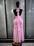 Pink Color Women Sexy Halter Off the Shoulder Draped Bodycon Long Maxi Dress Birthday Party Summer Vacation Celebrate Clothing