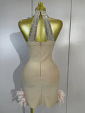 Woman Evening Party Club Cocktail Luxury Birthday Dresses Sparkly Diamonds Pearl Feathers Sleeveless Bodycon Short Bandage Dress