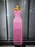 4 Colors Women Sexy Strap Shining Beading Long Tassles Bodycon Long Bandage Dress Elegant Evening Party Celebrate Birthday Wear