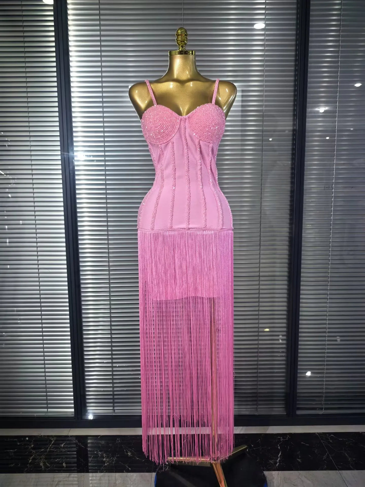 4 Colors Women Sexy Strap Shining Beading Long Tassles Bodycon Long Bandage Dress Elegant Evening Party Celebrate Birthday Wear