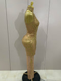 2026 Women Birthday Party Gown Stage Singer Performance Costume Luxury Sparkly Gold Rhinestone Sexy Transparent Mesh Long Dress