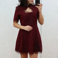 Sexy Lace Spliced Stand Collar Dress Women Summer Solid Slim High Waist Short Sleeves Leisure Dress Female Party Dress