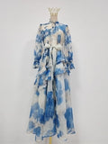 French Vacation Style Floral Print Dress for Women Tie Neck Waist Belt Asymmetrical Ruffle Hem Skirt for Outdoor Photoshoot