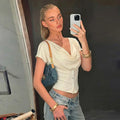 Women Summer Top Fashion Button-Front Patchwork V-Neck Pleated Fitted Top New Casual High-Street Party Female T-Shirts