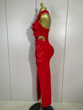 Sexy Hollow Out Sleeveless 3D Flower Red Bodycon Long Bandage Dress Women Evening Party Birthday Elegant Wedding Guest Clothing