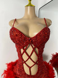 Luxury Women Sexy Shiny Crystal Feathers Hollow Out Bodysuit Nightclub Performance Dance Costume Nightclub Singer Stage Wear