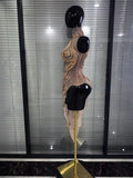 Shining Rhinestones Women Sexy Off the Shoulder Mesh See Through Bodycon Mid-calf Dress Nightclub Party Celebrate Stage Wear