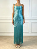 Glam Shiny Spaghetti Strap Cowl Neck Ruched Wrap Maxi Dress for Women High Split Overlay Fringe Hem Club Party Evening Wear