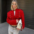 Women Double-Breasted Stand Collar Cropped Jacket Long-Sleeved Solid Zipper Metal Button Fashion Street Coat Autumn Winter