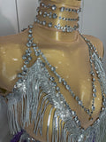Women Sexy Stretch Mesh Sparkly Rhinestone Tassels Mini Dress Nightclub Singer Dance Stage Costume Evening Gowns