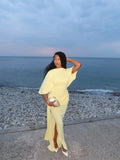 Chic Yellow Backless Lace Up Slit Dress Women Pleated Half Sleeved Waist Cinched Dresses Lady 2026 Spring New Evening Party Robe