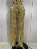 Sparkly Gold Rhinestones Sequins Fringe Jumpsuit Women Sexy Nightclub Party Birthday Outfit Show Singer Stage Perform Costume