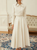 Elegant Bridesmaids White Two Piece Set for Women Lapel Pearl Accent Crop Jacket A Line Midi Skirts Suit for Formal Events