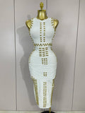 Women Celebrate Evening Prom Birthday Party Dress Vestido Elegance White Metal Buckle O Neck Sleeveless Bodycon Bandage Dress