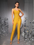 Khaki Ginger Women's V-neck Bodycon Sexy Sleeveless Rayon Bandage Jumpsuit Night Club Party Jumpsuits