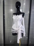 Red White Women Sexy Strapless Lace Bodycon Mini Dress With Gloves Celebrate Nightclub Party Birthday Photoshoot Wear