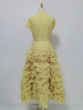 Elegant Spliced Tiered Ruffles Dress for Women O Neck Sleeveless Patchwork Lace Up Slim Formal Evening Puff Dresses Female