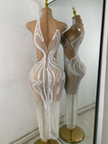 Luxury Sparkly Sequins Pearls Flashing Women Sexy White Long Elegant Celebrity Birthday Dress Cocktail Vestidos Prom Gowns