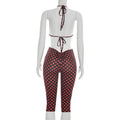 Sexy Fashion 3 Piece Set Woman Polka Dot Print Halter Bra Tops+Low-Neck Mini Sleeve Tees+Skinny Crop Pants Outfits