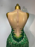 Green Sparkly Rhinestone Tassels Women Sexy Mesh Bodysuit Eveing Party Birthday Latin Dancer Nightclub Performance Stage Costume