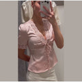 Sexy V-neck Lace Patchwork Solid Top Women Short Sleeve Single Breasted Lace Up Loose Tops Female Spring Chic Casual Streetwear