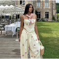 Floral Print Ruched Strapless Tube Top Elastic Waist Wide Leg Pants 2-Piece Set 2026 Summer Women Resort Bohemian Casual Outfit