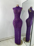 Luxury Purple Rhinestones Long Party Dress Celebrity Women Sexy Sleeveless Mesh See Through Prom Gown Club Birthday Dresses