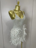 Luxury Sparkling Diamond Feather Sexy V-Neck Sequined Halter Mini Dress 2026 New Women Celebrate Birthday Party Cocktail Dreses