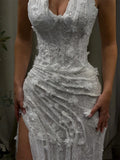 Customized Elegant High Necklink Wedding Dresses Sleeveless Mermaid Bridal Gowns White Side High Split Wedding Gowns