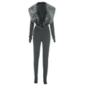 Furry Deep V-Neck Jumpsuits Woman Hipster Patchwork Trend Sexy Stretch Fitness Club Activity Luxury Midnight Overalls