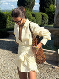 Lace Up Shirt Dress Women's Summer New Vacation Lazy Solid Lapel Bodycon Irregular Shirt Dress Female Travel Beach Dress
