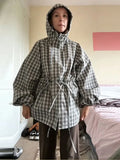 Gingham Plaid Hooded Windbreaker Jacket Drawstring Waist Loose  Outerwear 2026 Spring Autumn Lady Retro Outdoor Casual Jacket