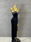 Luxury Glamorous Black Asymmetrical Velvet Rhinestone Dress Dinner Cocktail Event Party Stage Performance Dress