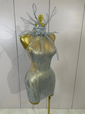 Sexy Sparkly Rhinestones Sleeveless Mesh See-Through Mini Dress Women Eveing Party Dancer Bar Nightclub Stage PhotoShoot Costume