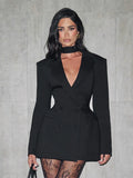 Black Hollow Out Mini Dress Women Chic Long Sleeves Waist Cinching Slim Short Dresses Lady Fashion Evening Party Vestidos